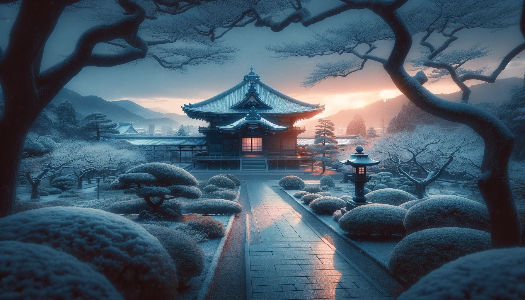 Icy Kyoto Temple at Dusk